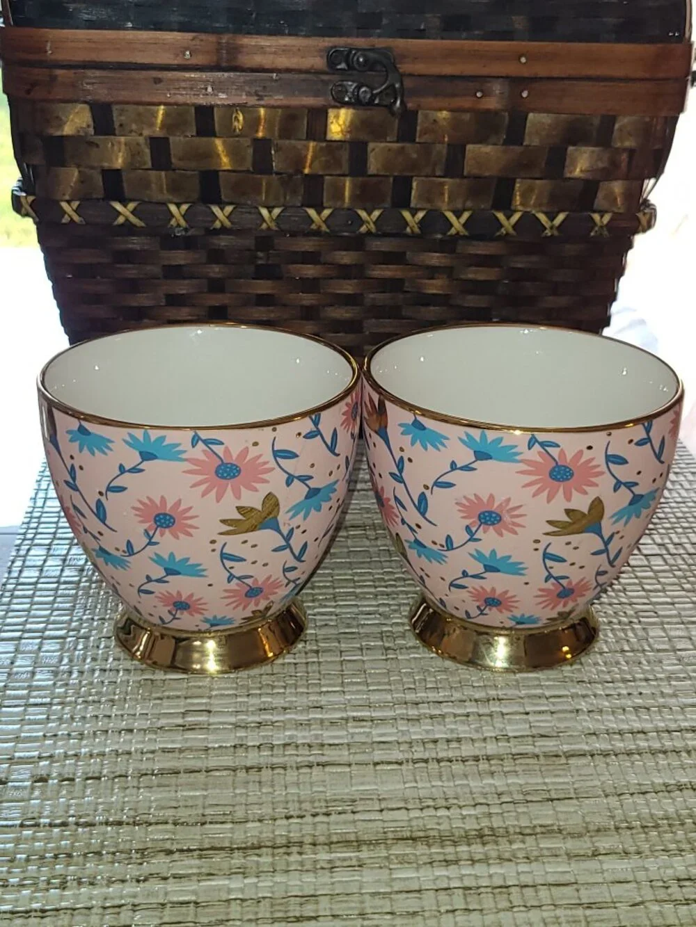 Pair of Aurora Maxwell Int'l Ceramic Porcelain Mugs Blue Pink Gold Tone Trim